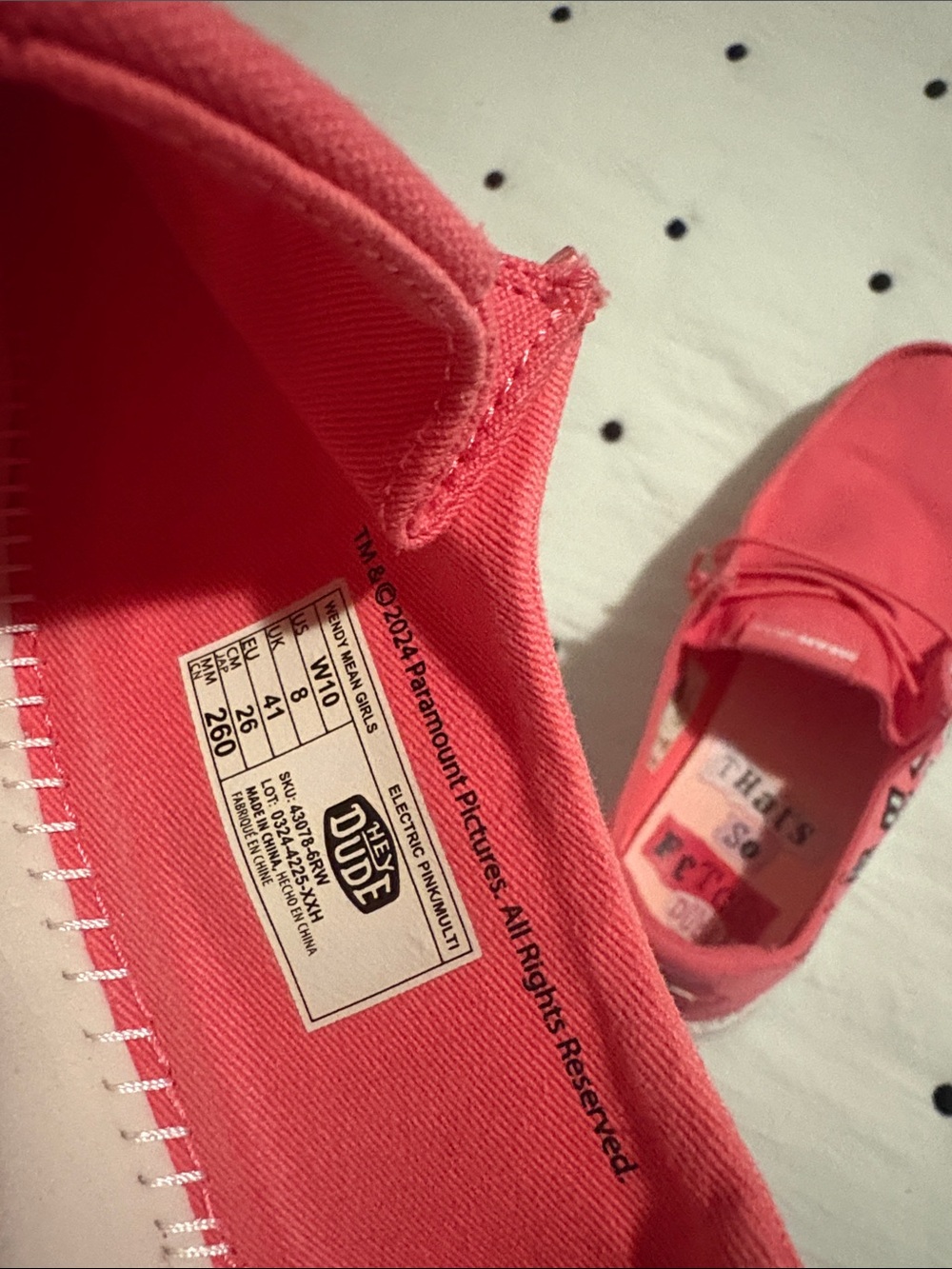 Hey Dude Women's “Mean Girls” Pink Slip-On Loafers with Graphic Accents - Picture 2 of 8